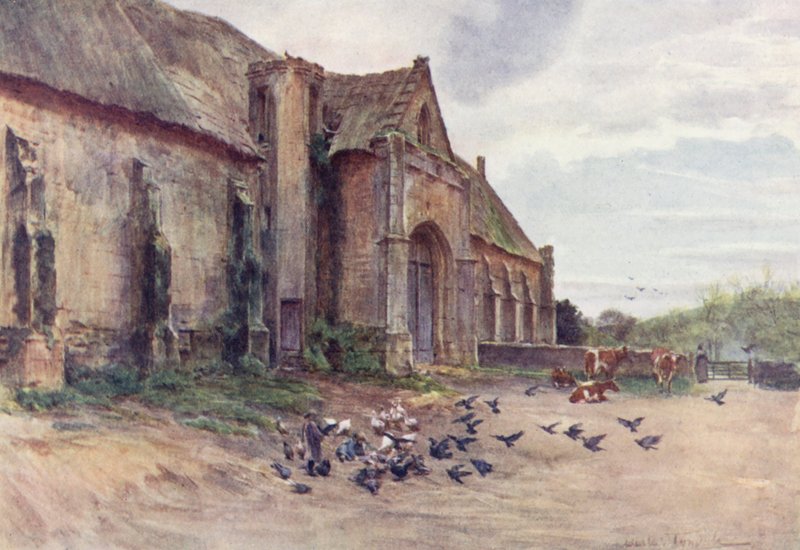 Wessex: A Tithe-Barn, Abbotsbury, nær Weymouth (farvelitografi) af Walter Frederick Roofe Tyndale
