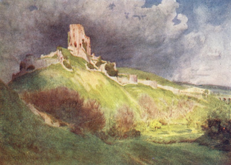 Wessex: Corfe Castle, "Corvesgate Castle" i The Hand of Ethelberta (farvelitografi) af Walter Frederick Roofe Tyndale