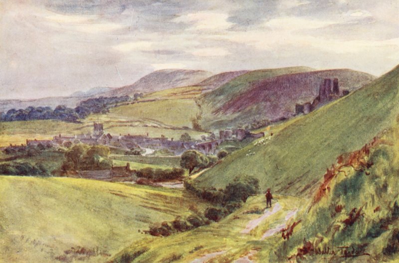 Wessex: Corfe Castle fra Nine Barrow Down (farvelitografi) af Walter Frederick Roofe Tyndale