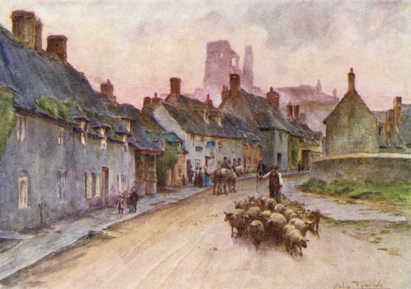 Wessex: Corfe Castle fra West Street (farvelitografi) af Walter Frederick Roofe Tyndale