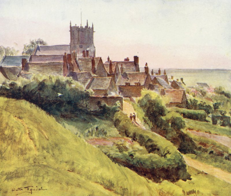 Wessex: Corfe fra slottets skråninger (farvelitografi) af Walter Frederick Roofe Tyndale