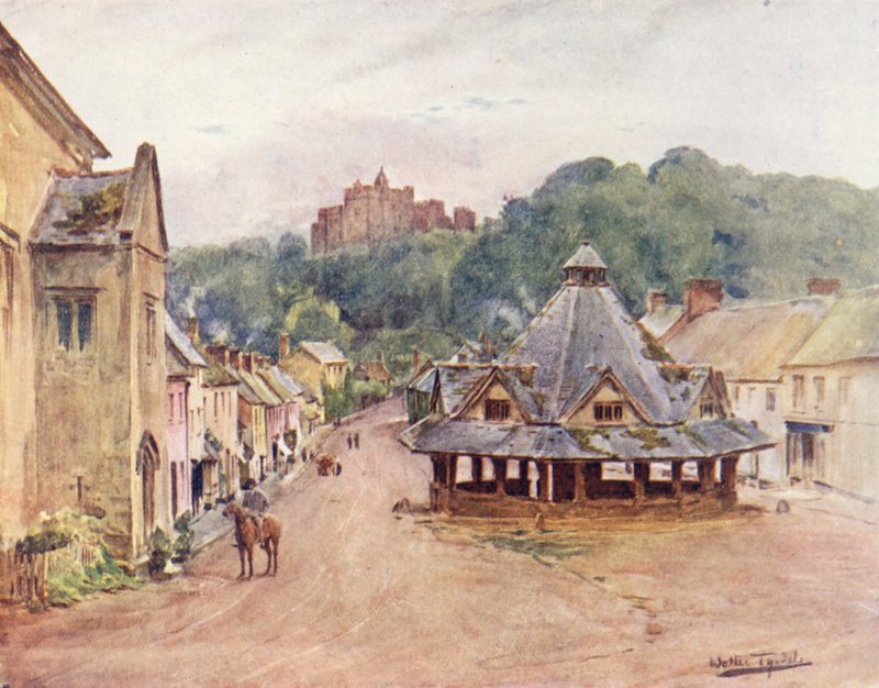 Wessex: Dunster Castle og garnmarked (farvelitografi) af Walter Frederick Roofe Tyndale