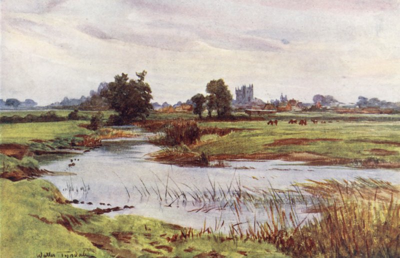 Wessex: The Stour, Wimborne Minster i det fjerne (farvelitografi) af Walter Frederick Roofe Tyndale