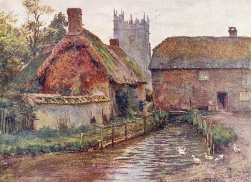 Wessex: Møllen og kirken i Affpuddle, nær Dorchester (farvelitografi) af Walter Frederick Roofe Tyndale