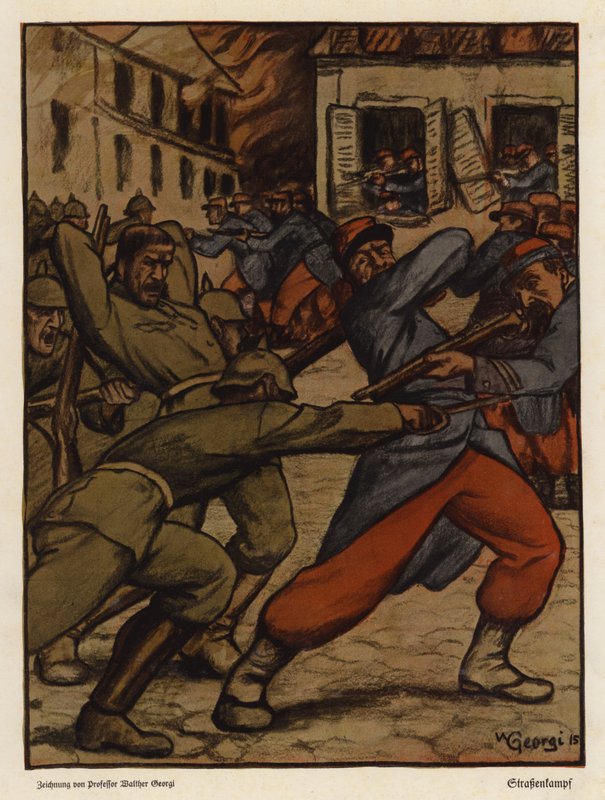 Gadekamp mellem tyske og franske soldater, Første Verdenskrig (farve litho) af Walter Georgi