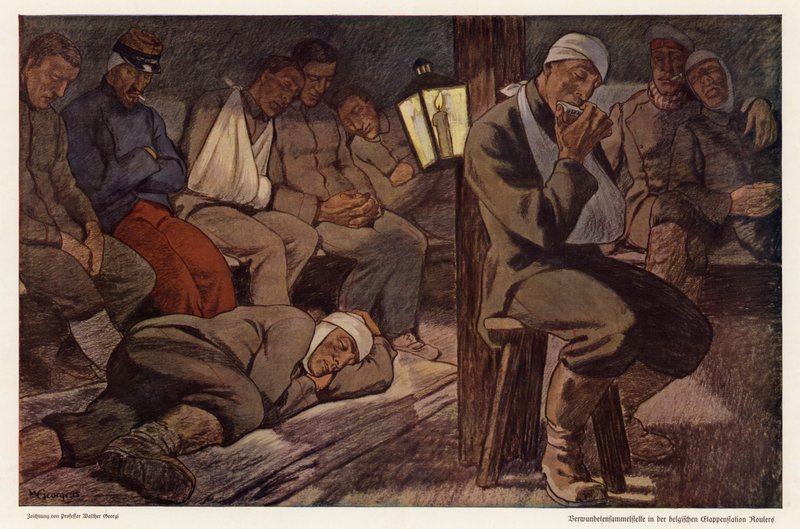 Sårede soldater på rydningsstationen i Roulers, Belgien, Første Verdenskrig (farve litho) af Walter Georgi