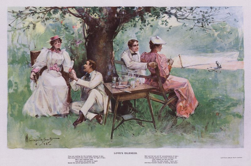 Kærlighedens lediggang: to par slapper af i skyggen under et træ i en have (farve litho) af Walter Granville Smith