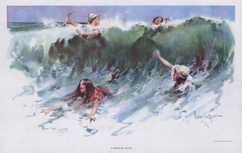 En populær bølge: kvinder leger i bølgerne ved havet (farve litho) af Walter Granville Smith