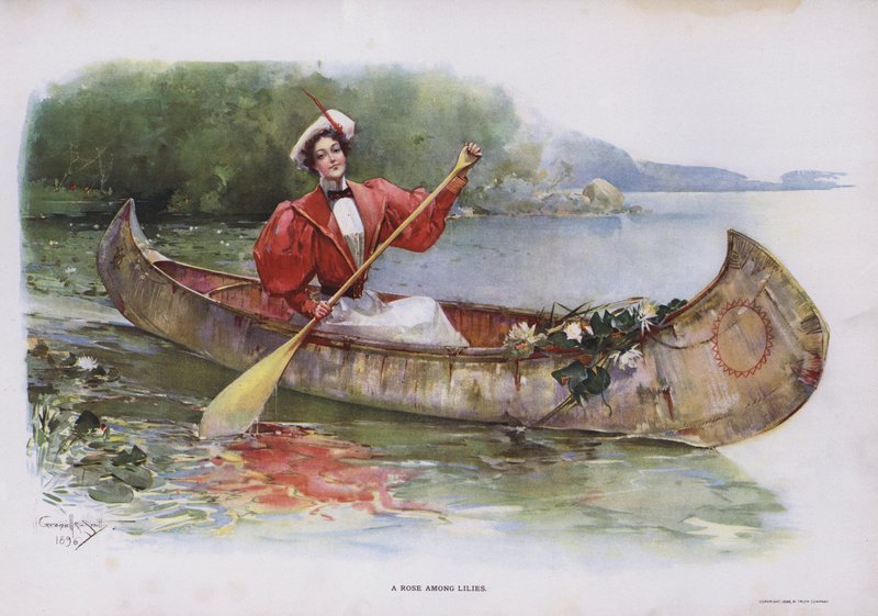 En rose blandt liljer: kvinde samler åkander fra en kano (farve litho) af Walter Granville Smith