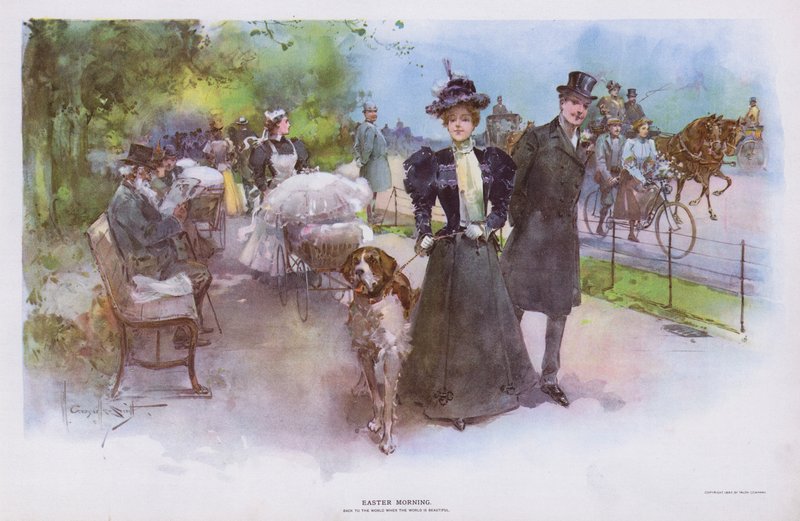 Påskemorgen: kvinde promenerer med sin hund (farve litho) af Walter Granville Smith