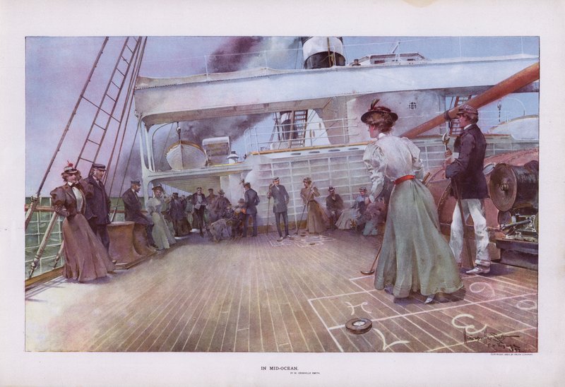 I Mid-Ocean: passagerer, der nyder et spil shuffleboard om bord på et skib (farve litho) af Walter Granville Smith