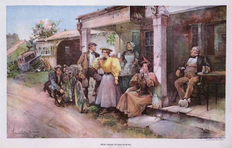 Nye ansigter på gamle steder: en gruppe cyklister, der tager en forfriskning på en kro ved vejkanten (farve litho) af Walter Granville-Smith