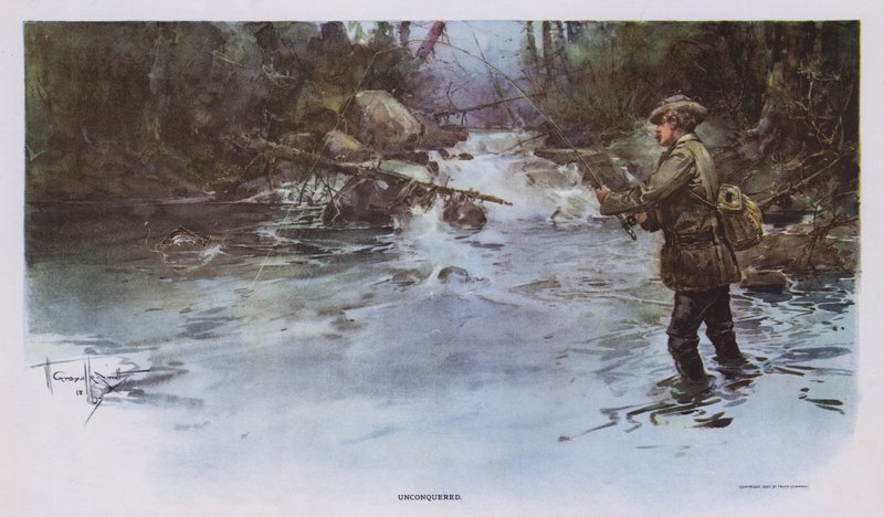 Ubesejret: lystfiskerscene (farve litho) af Walter Granville Smith