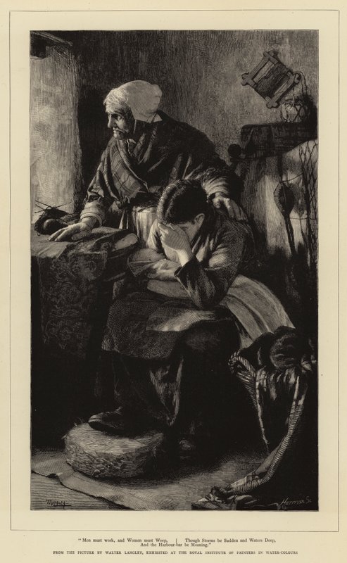 Mænd skal arbejde, og kvinder skal græde, selvom storme er pludselige og vandet dybt, og havnebaren stønner af Walter Langley