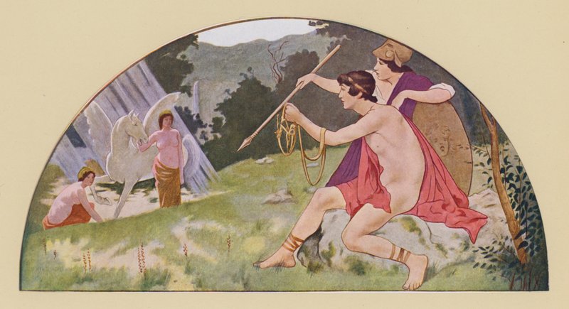 Bellerophon modtager den bevingede hest Pegasus fra Minerva (farvelitografi) af Walter MacEwen