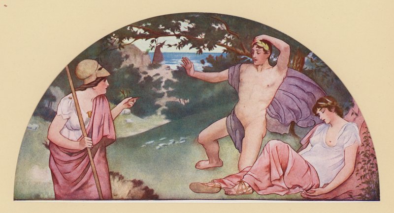 Theseus forlader på Minervas befaling den sovende Ariadne (farvelitografi) af Walter MacEwen