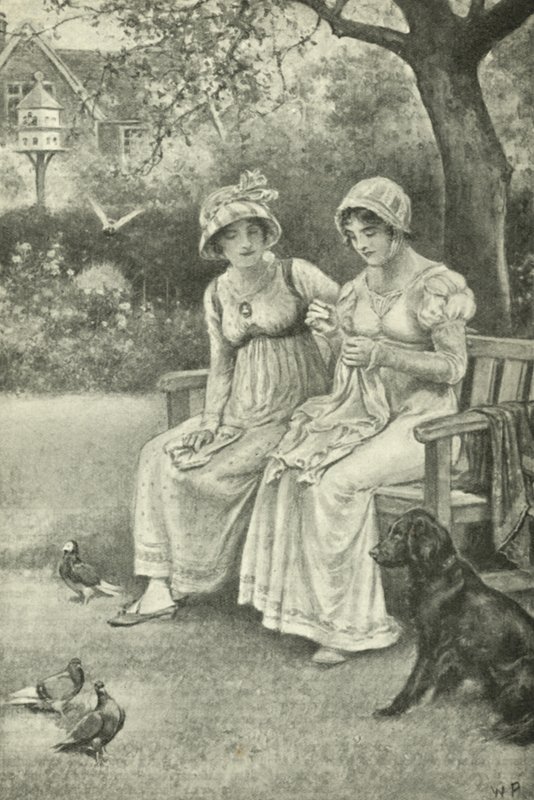 Jane Austen, syning, med sin søster Cassandra i præstegården (litho) af Walter Paget