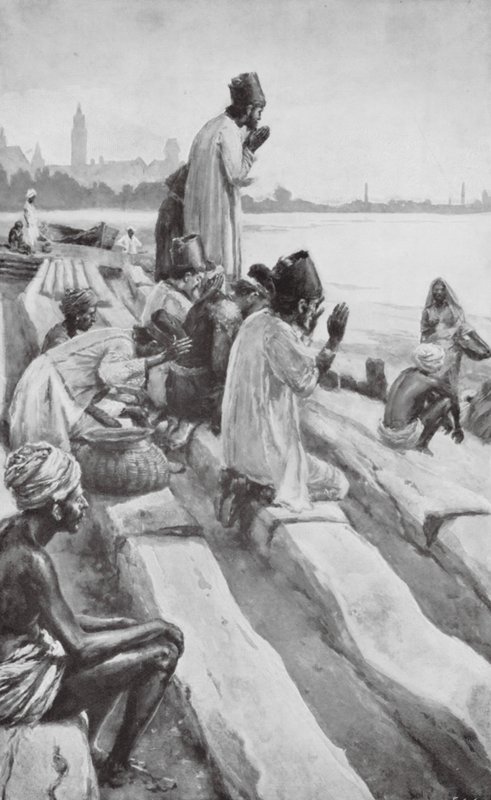 Parsis tilbeder den opgående sol på stranden i Bombay (litho) af Walter Paget