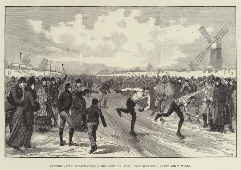 Skøjtekamp i Littleport, Cambridgeshire, finaleheat mellem J Smart og T Wells af Walter Paget