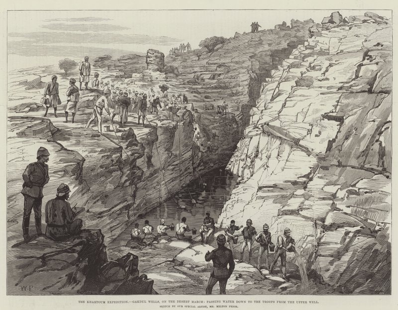 Khartoum-ekspeditionen, Gakdul Wells, på ørkenmarchen, der passerer vand ned til tropperne fra den øvre brønd af Walter Paget