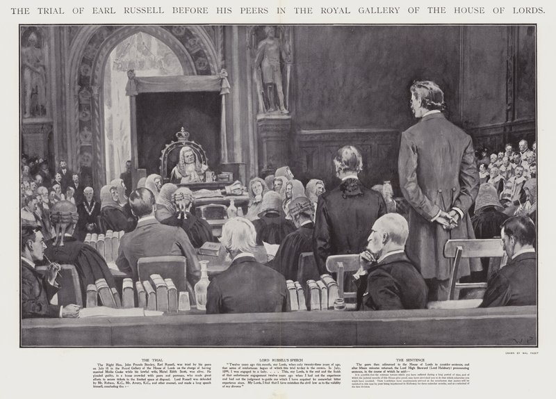 Retssagen mod Earl Russell foran hans jævnaldrende i Royal Gallery of the House of Lords, Westminster (litho) af Walter Paget
