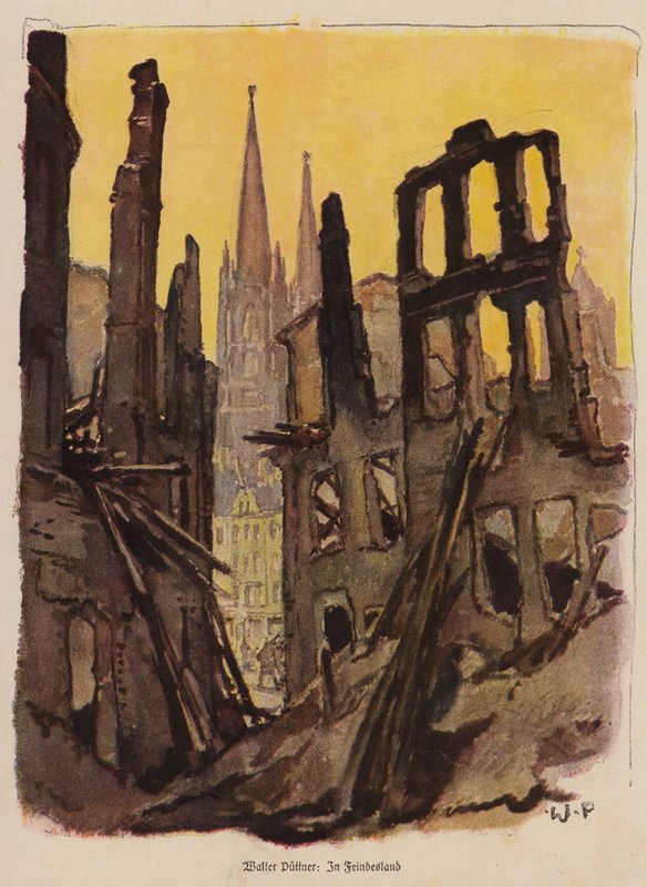 Ødelagt by, Første Verdenskrig (farvelitografi) af Walter Puttner