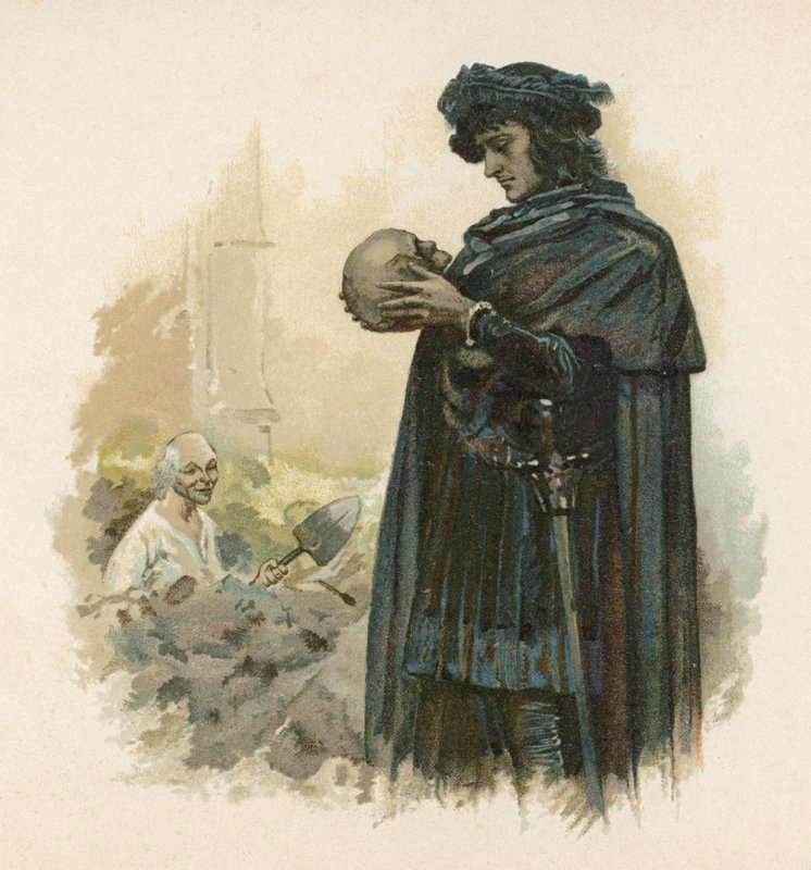 Hamlet med kraniet af Yorick (chromolitho) af Walter Stanley Paget