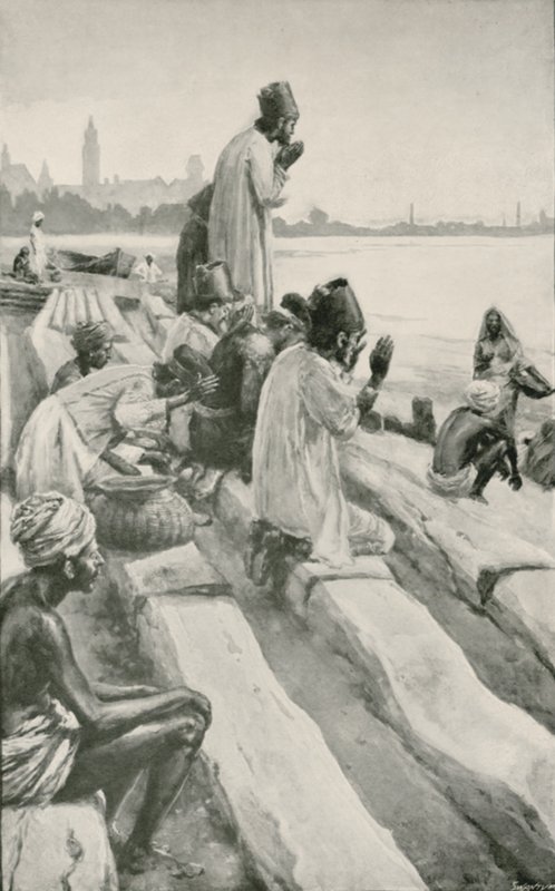 Parsis tilbeder den opgående sol på stranden i Bombay af Walter Stanley Paget