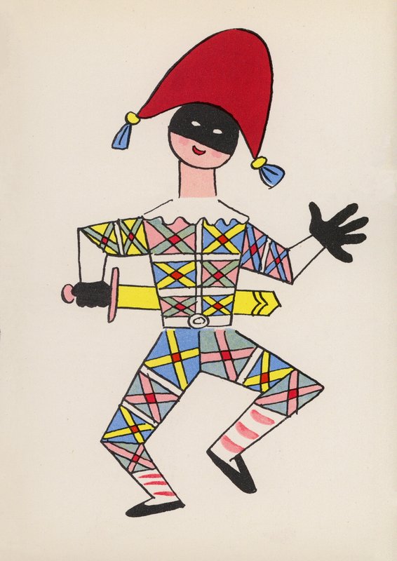 Figurer fra børnebøger: Harlequin (farvelitografi) af Walter Trier