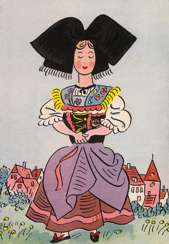 Walter Triers skøre kostumer: Alsace, Frankrig (farvelitografi) af Walter Trier