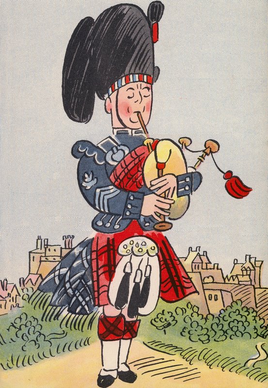 Walter Triers skøre kostumer: Skotland (farvelitografi) af Walter Trier