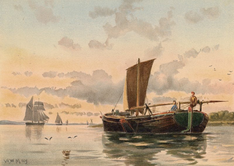 Pram, der sejler op ad Medway (farvelitografi) af Walter William May