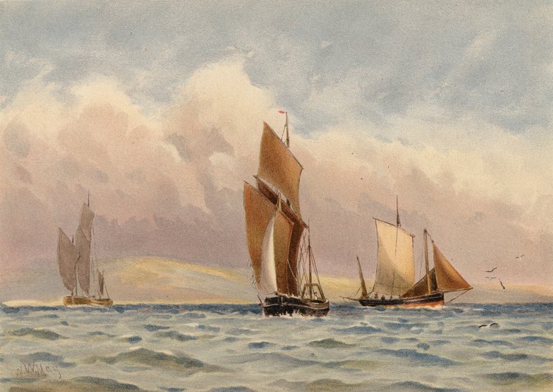 Boulogne Luggers ud for den franske kyst (farvelitografi) af Walter William May
