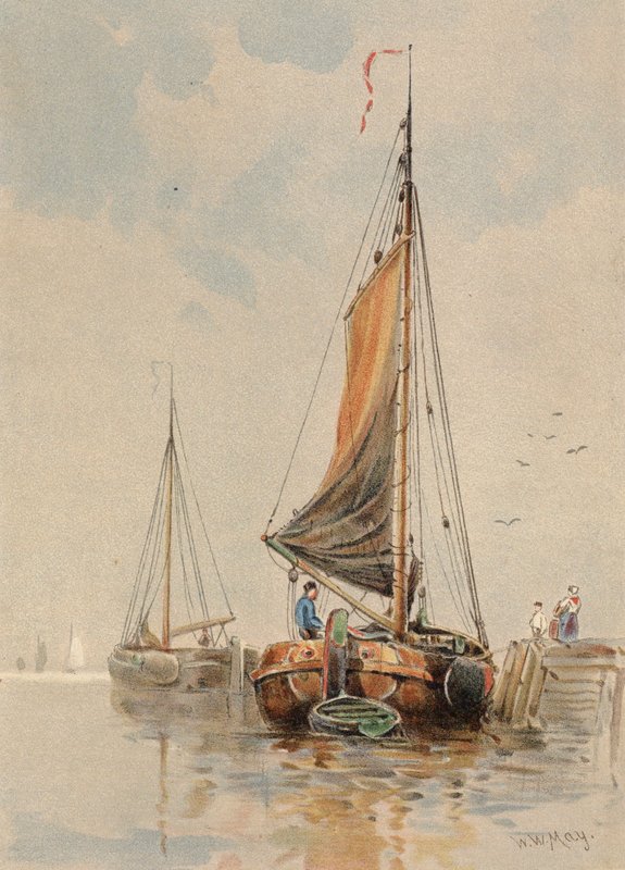 Hollandske både på Maas (farvelitografi) af Walter William May