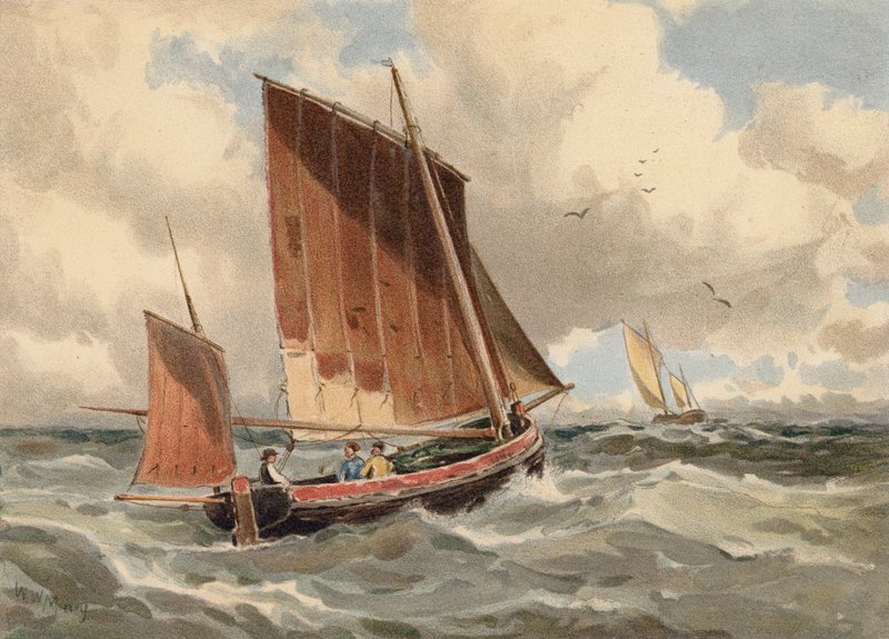 Fransk lugger på vej ud på havet (farvelitografi) af Walter William May