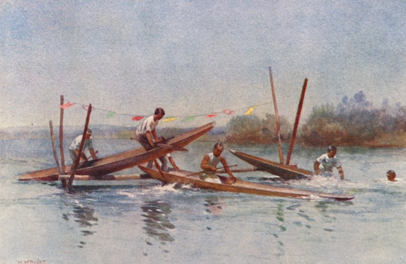 New Zealand: Canoe Hurdle Race (farvelitografi) af Walter Wright