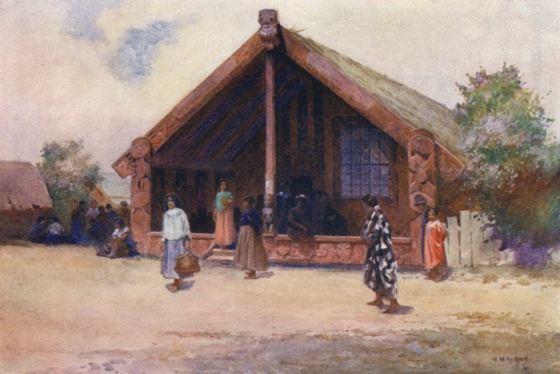 New Zealand: Udskåret hus, Ohinemutu (farvelitografi) af Walter Wright