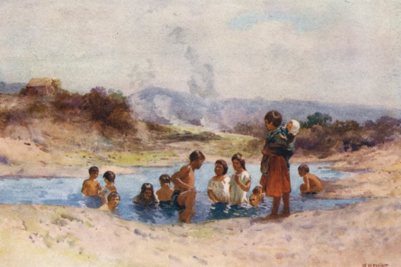 New Zealand: In a Hot Pool (farvelitografi) af Walter Wright
