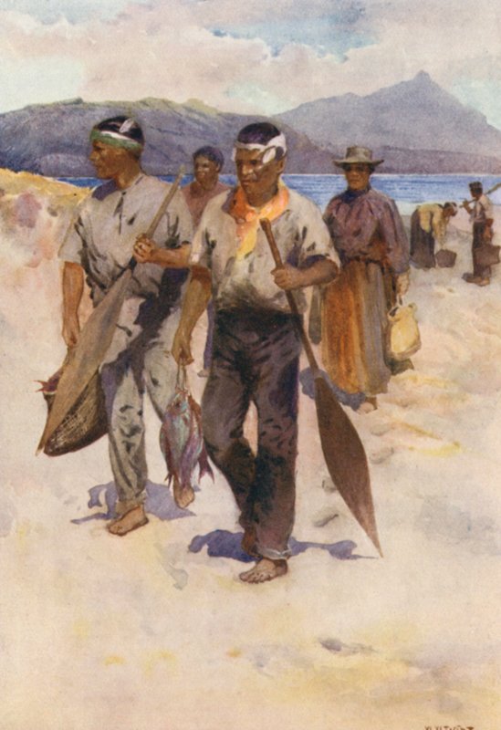 New Zealand: Maori Fishing Party (farvelitografi) af Walter Wright