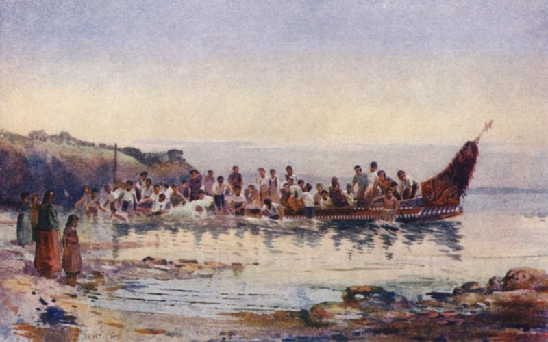 New Zealand: The Return of the War Canoe (farvelitografi) af Walter Wright