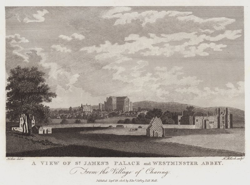 Udsigt over St Jamess Palace og Westminster Abbey fra landsbyen Charing af Wenceslaus Hollar