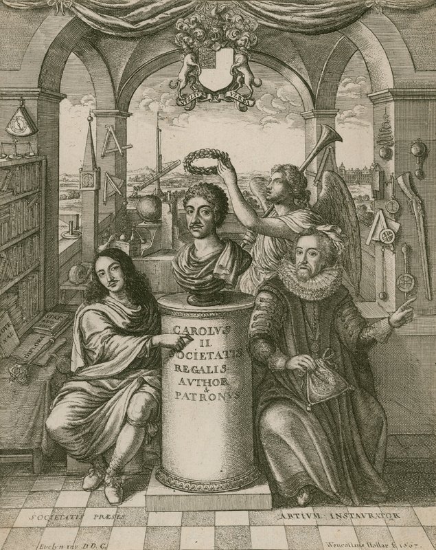 Buste af Charles II, med Lord Brouncker (til venstre), den første præsident for Royal Society, og Francis Bacon (til højre) af Wenceslaus Hollar