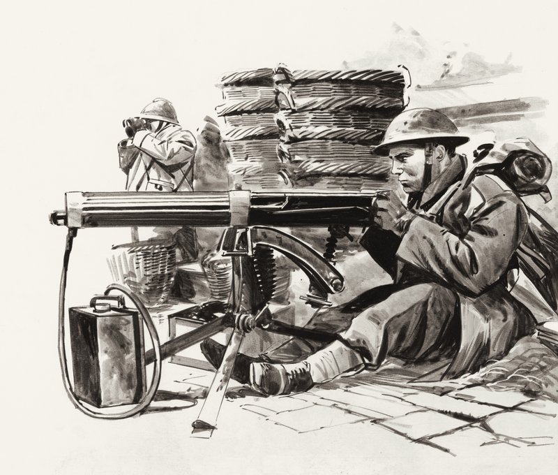 Britisk maskingeværskytte venter på tyskerne uden for Dunkirk (gouache på papir) af Wilf (20th century) Hardy