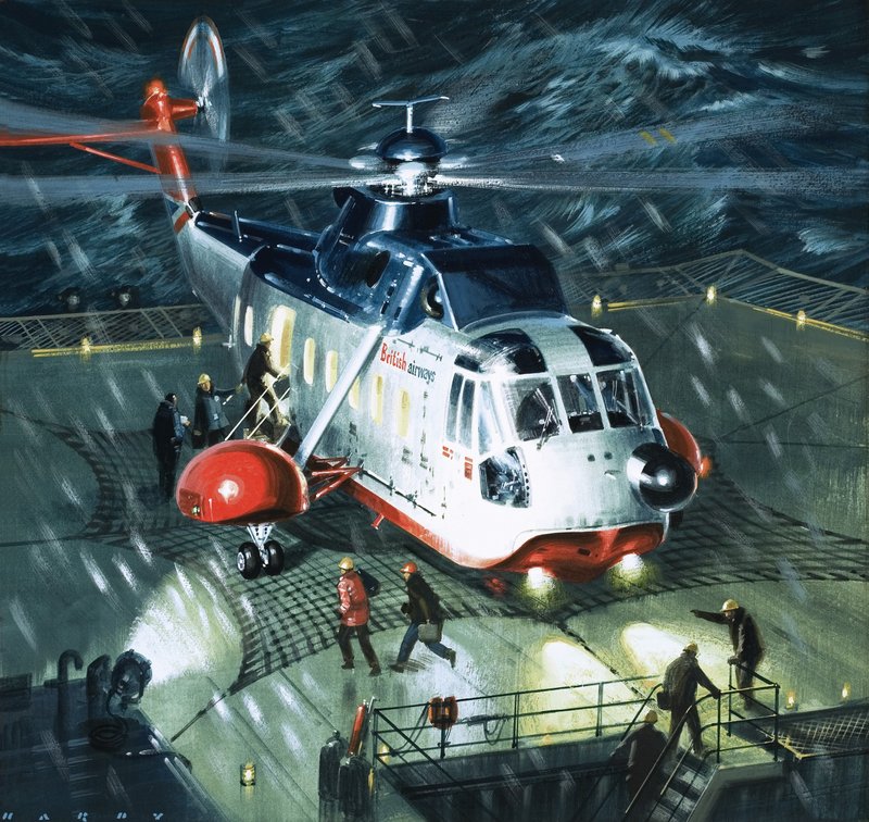Oliefelternes farlige mænd, en S-61N-helikopter fra British Airways af Wilf (20th century) Hardy