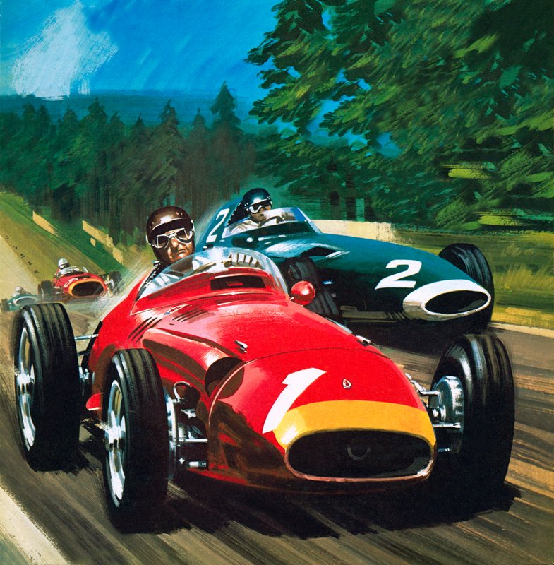 Juan Manuel Fangio (litografi) af Wilf (20th century) Hardy
