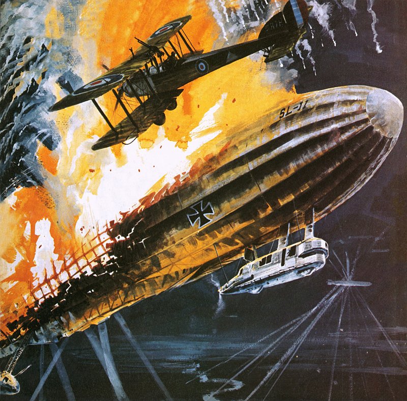 Nedskydning af en zeppeliner under Første Verdenskrig af Wilf (20th century) Hardy