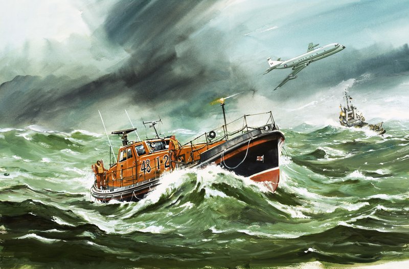 Den 15 meter lange RNLI Oakley redningsbåd på vej til et skib i vanskeligheder af Wilf (20th century) Hardy