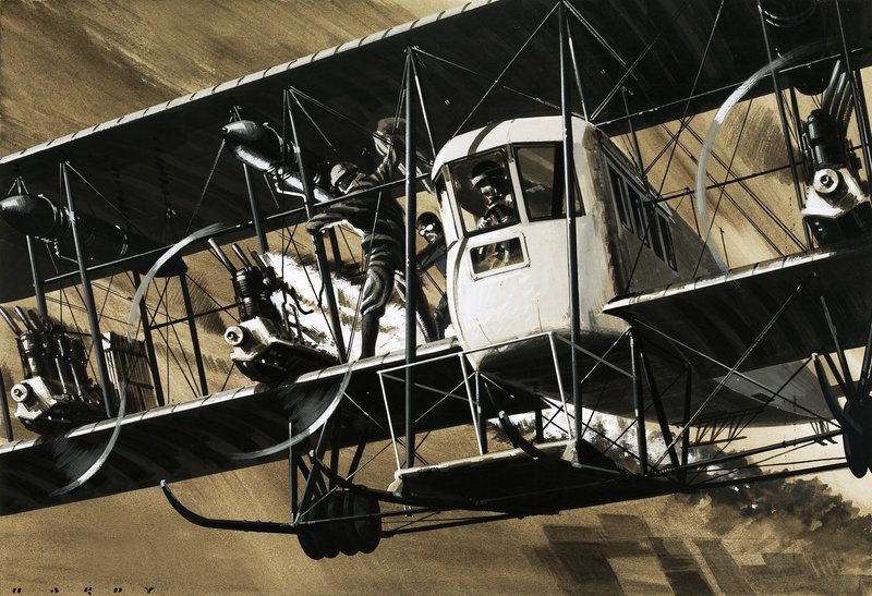 To besætningsmedlemmer mellem ledninger og stivere på et Ilia Mourometz II-bombefly, der slukker en motorbrand. af Wilf (20th century) Hardy