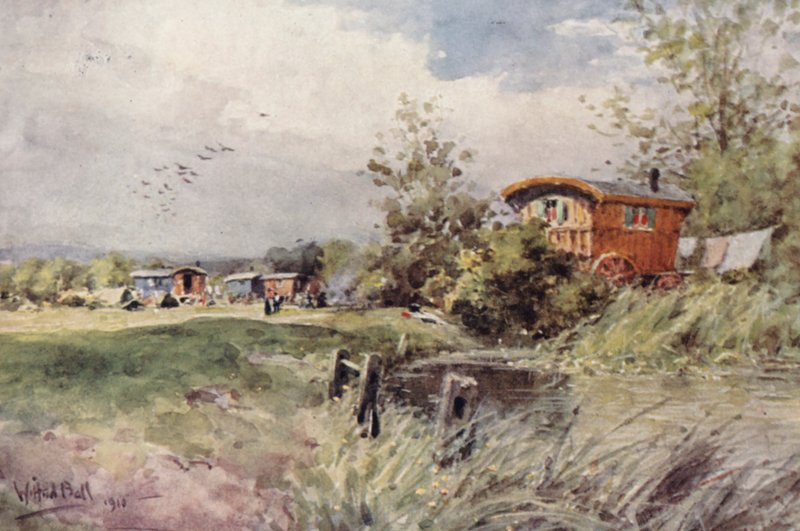 Sigøjnerlejr (farvelitografi) af Wilfrid Williams Ball
