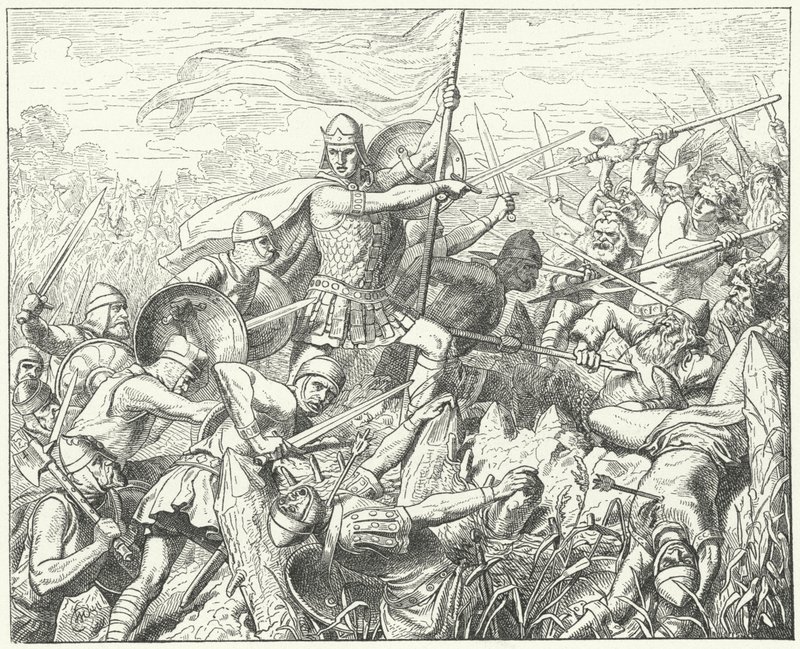 Arnulf af Kärnten stormer det normanniske forsvar ved Dyle-floden, 891 (gravering) af Wilhelm Camphausen
